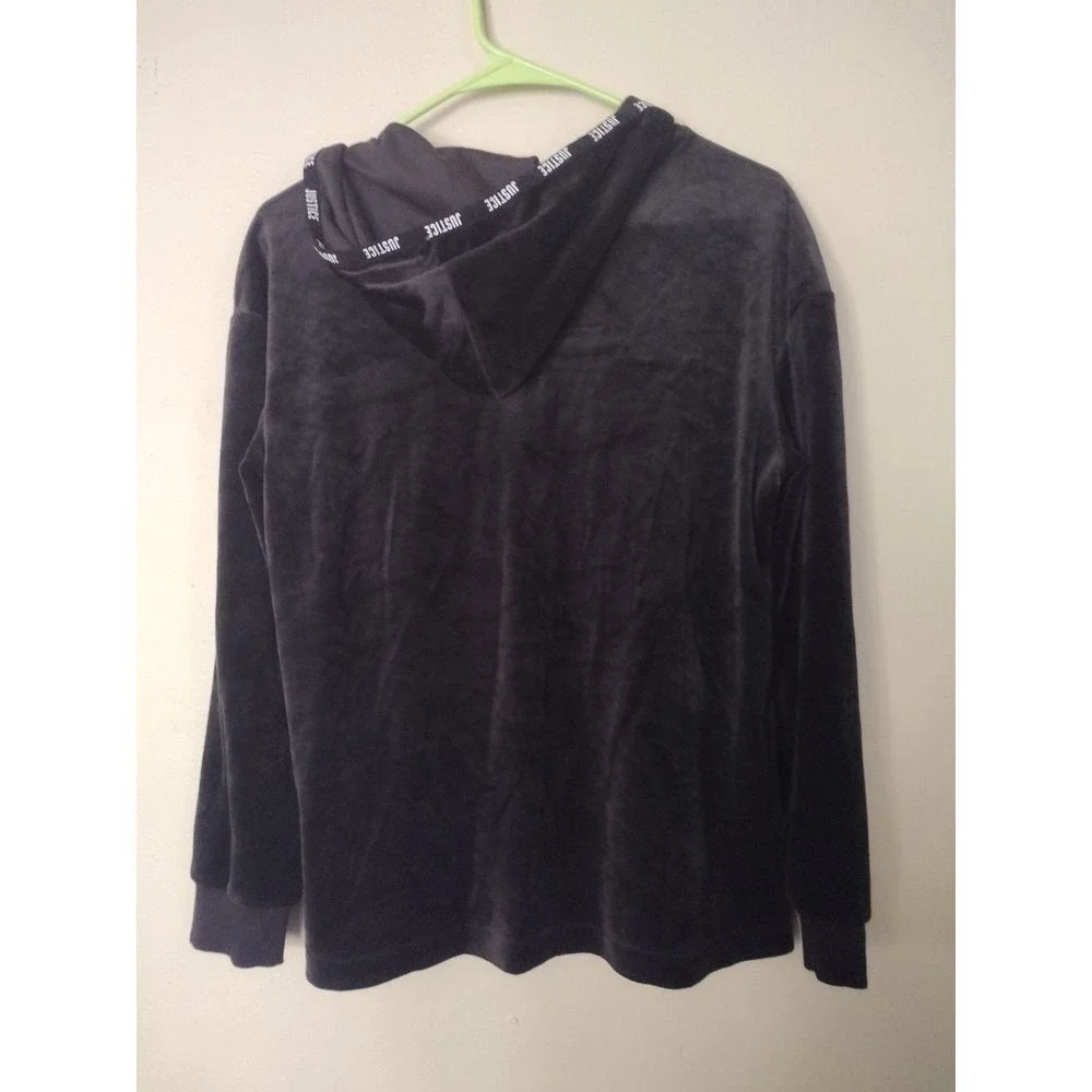 Justice Girls Black Velour Quarter Zip Hoodie Logo Tape Sweatshirt Size 14/16